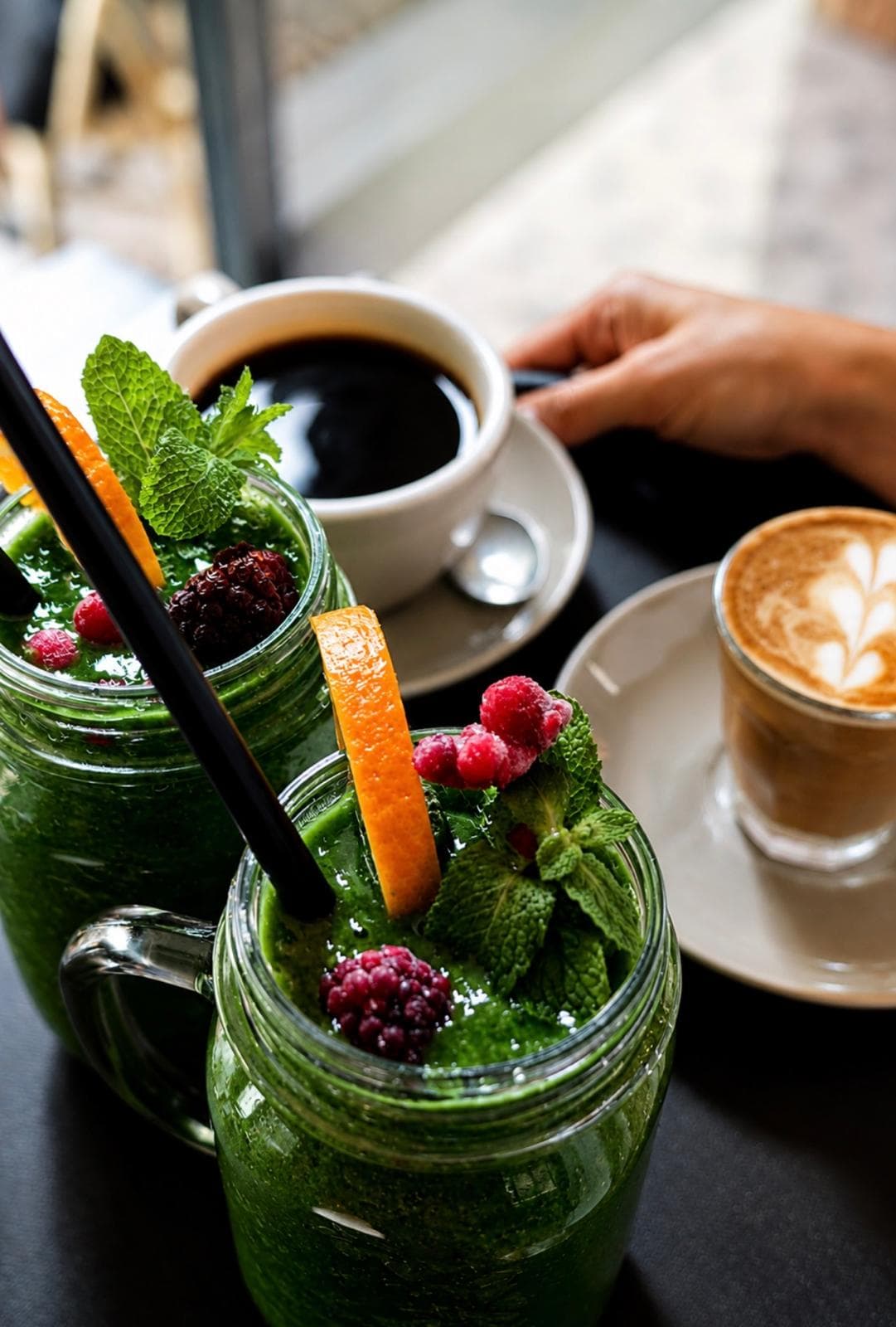 Grüner Smoothie neben einem Kaffee